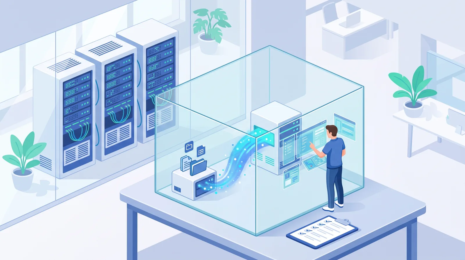 Ilustrasi 3D teknisi memulihkan arsip cadangan ke server uji di dalam kotak kaca terisolasi, terpisah dari rak server produksi
