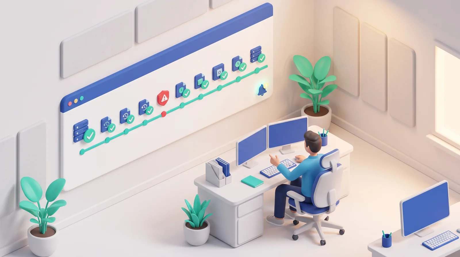 Ilustrasi 3D petugas memantau layar dinding berisi garis waktu titik pemulihan backup, sebagian besar bertanda centang dan satu bertanda peringatan merah