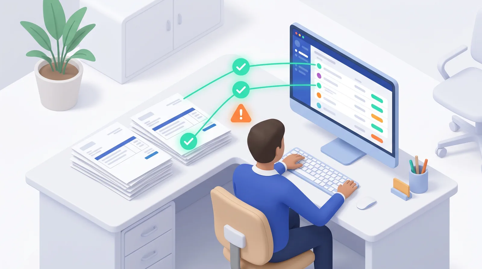 Ilustrasi 3D staf keuangan mencocokkan tumpukan invoice dengan daftar transaksi di monitor, pasangan yang cocok bertanda centang dan satu bertanda peringatan