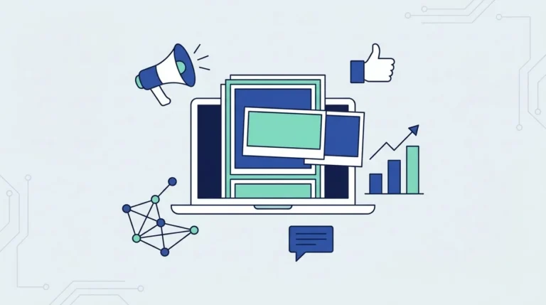 Ilustrasi datar laptop dengan feed sosial berisi kartu postingan, megafon, ikon jempol dan komentar, grafik naik dan jaringan titik.