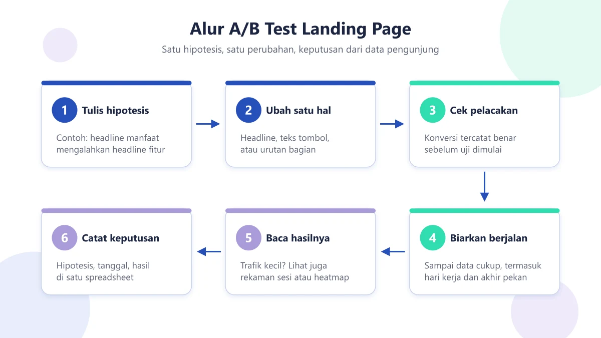 Diagram alur A/B test landing page enam langkah: tulis hipotesis, ubah satu hal, cek pelacakan, biarkan berjalan, baca hasil, catat keputusan