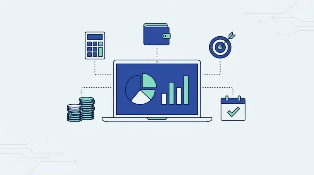 Ilustrasi datar laptop dengan diagram lingkaran anggaran dan grafik batang, tumpukan koin, kalkulator, dompet, target dan kalender.