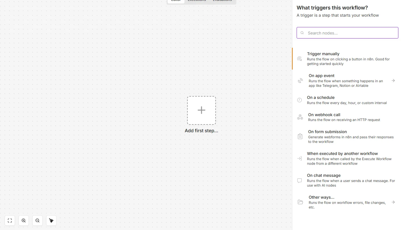 Panel What triggers this workflow di n8n dengan pilihan Trigger manually, On app event, On a schedule, On webhook call, On form submission, dan On chat message