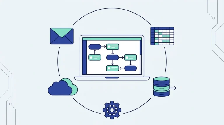 Ilustrasi datar laptop dengan kanvas workflow berisi blok node terhubung, amplop, tabel, basis data, awan dan roda gigi.
