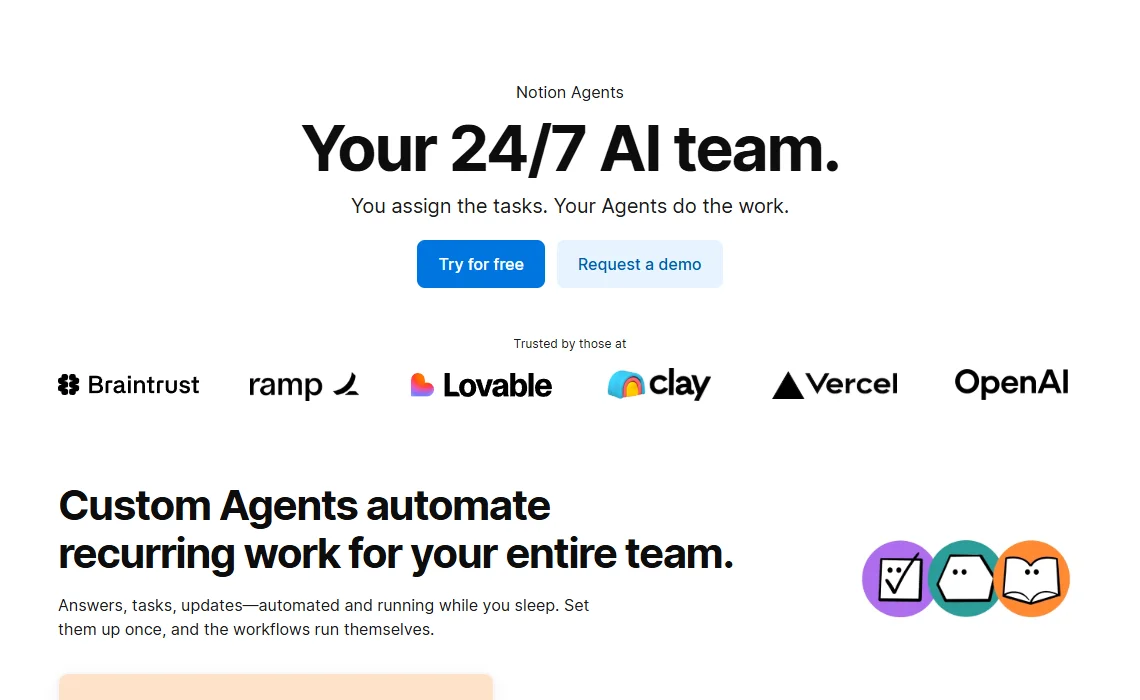 Halaman Notion Agents berjudul Your 24/7 AI team dan bagian Custom Agents automate recurring work for your entire team