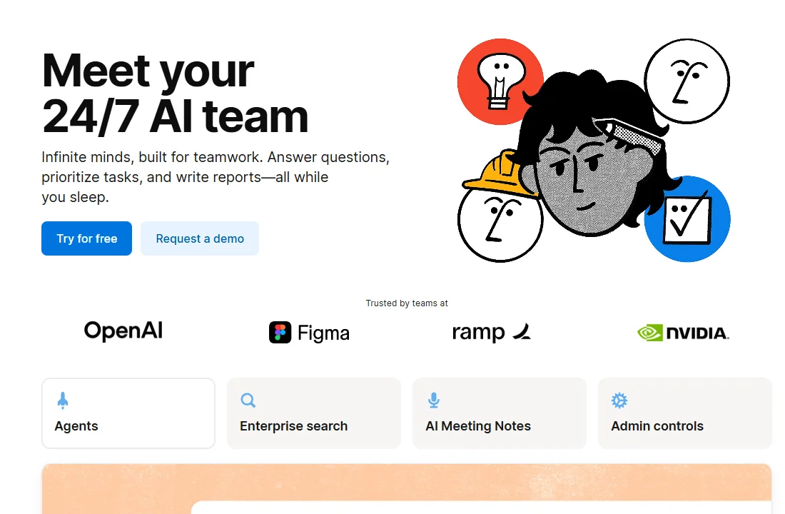 Halaman produk Notion AI berjudul Meet your 24/7 AI team dengan tab Agents, Enterprise search, AI Meeting Notes, dan Admin controls