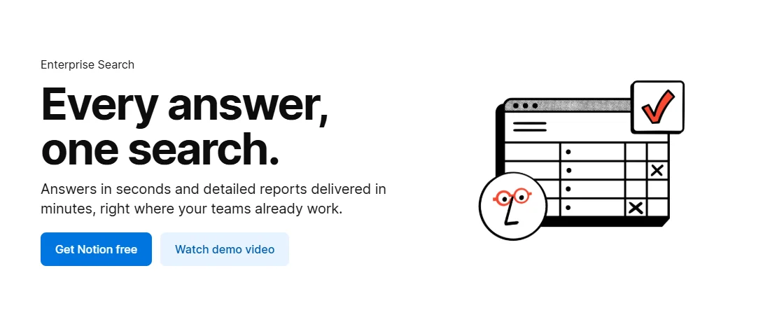 Halaman Notion Enterprise Search berjudul Every answer, one search