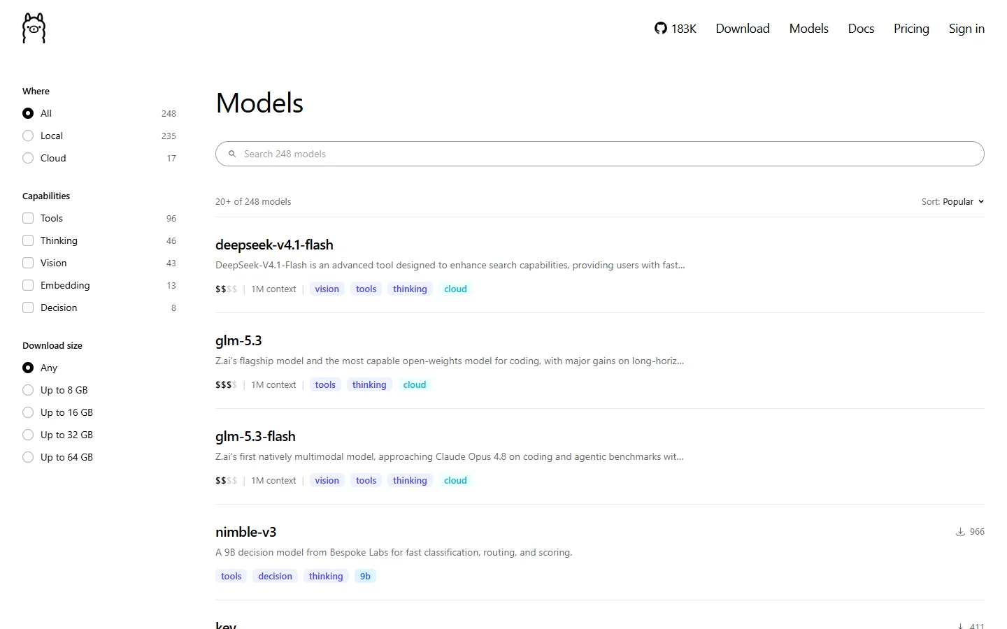 Halaman Models di ollama.com dengan filter Local, Cloud, kemampuan, dan ukuran unduhan serta daftar model populer