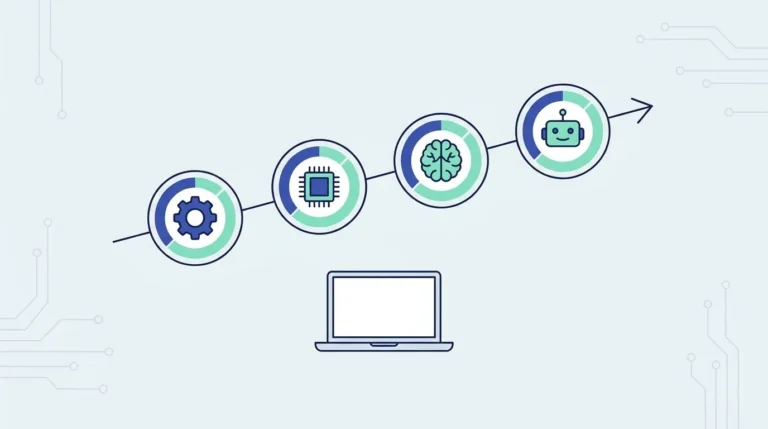 Ilustrasi datar garis waktu empat lingkaran berisi roda gigi, chip komputer, otak dan wajah robot, dengan panah naik dan laptop.