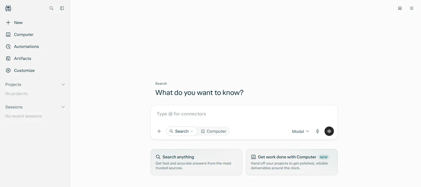Beranda Perplexity dengan kotak pertanyaan What do you want to know, mode Search dan Computer, serta menu Projects di sisi kiri