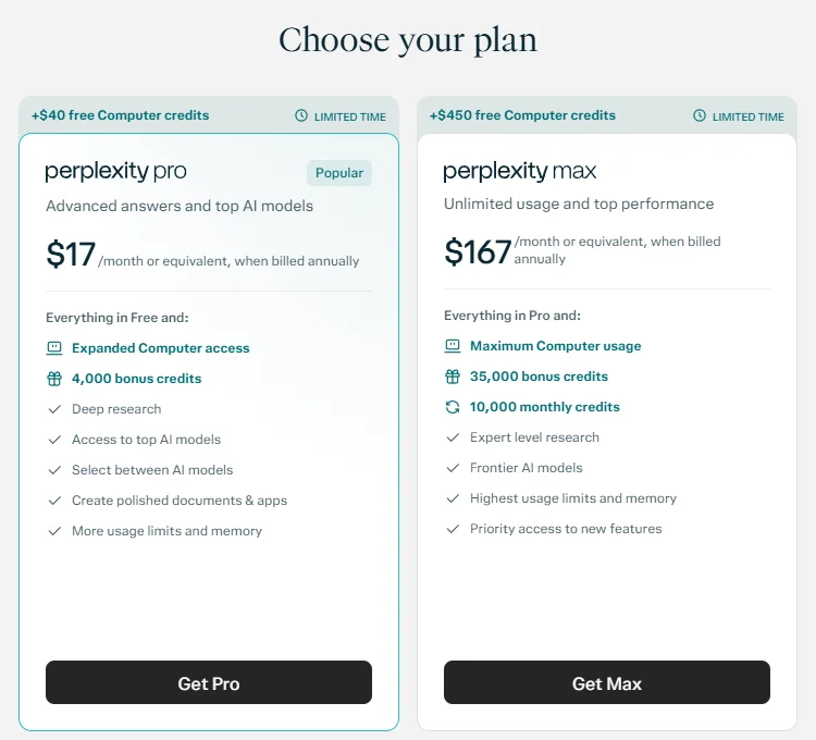 Kartu paket Perplexity Pro $17 dan Perplexity Max $167 per bulan setara tagihan tahunan beserta daftar fiturnya