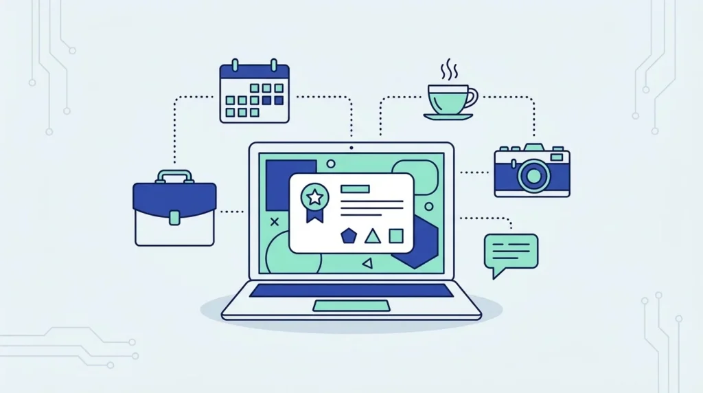Ilustrasi datar laptop dengan kartu profil berlencana bintang, dikelilingi tas kerja, cangkir kopi, kalender, kamera dan gelembung percakapan.