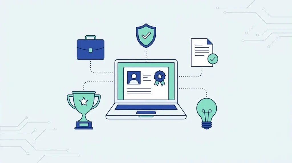 Ilustrasi datar laptop dengan kartu profil berlencana bintang, tas kerja, piala, perisai kepercayaan, dokumen bertanda centang dan bola lampu.