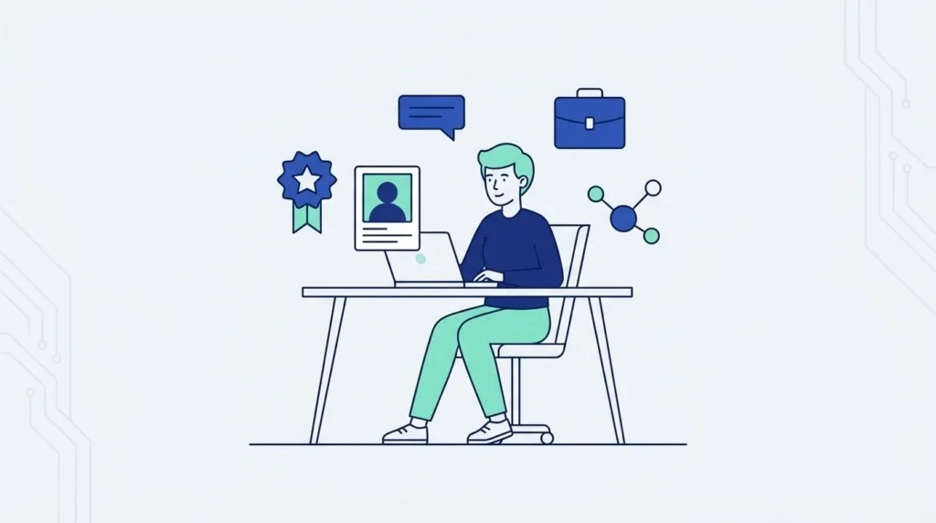 Ilustrasi datar seorang profesional bekerja di laptop dengan kartu profil, lencana bintang, gelembung percakapan, tas kerja dan simpul jaringan.