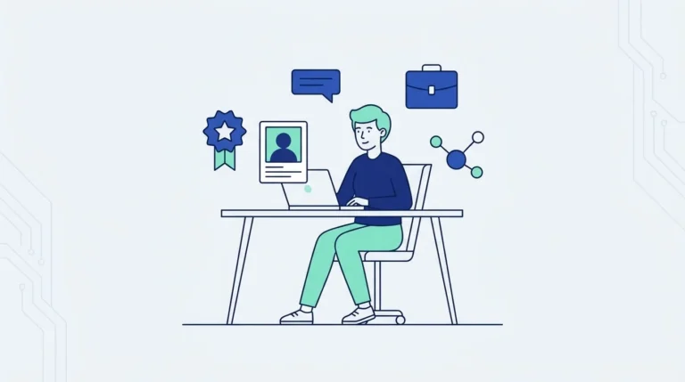 Ilustrasi datar seorang profesional bekerja di laptop dengan kartu profil, lencana bintang, gelembung percakapan, tas kerja dan simpul jaringan.