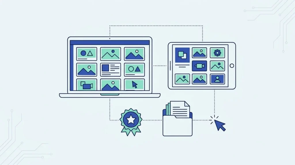Ilustrasi datar laptop dengan grid kartu proyek, tablet berisi galeri, folder, lencana bintang dan kursor.