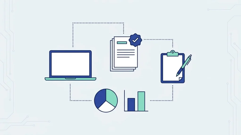 Ilustrasi datar laptop di samping tumpukan dokumen proposal bertanda centang, pena, diagram lingkaran, grafik batang dan clipboard.