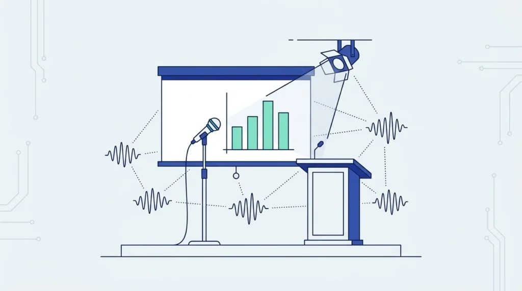 Ilustrasi datar mikrofon di samping layar presentasi berisi grafik batang, podium, lampu panggung dan gelombang suara.