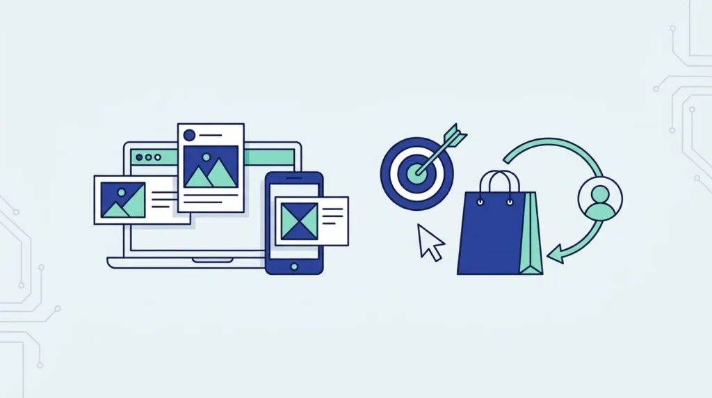 Ilustrasi datar laptop dan ponsel dengan kartu iklan, papan target, kursor, tas belanja dan panah melingkar yang membawa pengunjung kembali.