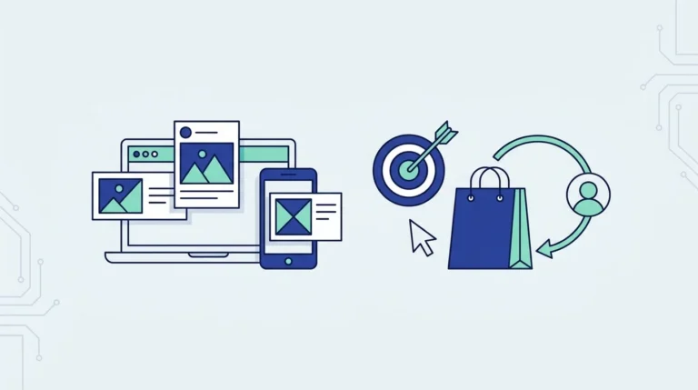 Ilustrasi datar laptop dan ponsel dengan kartu iklan, papan target, kursor, tas belanja dan panah melingkar yang membawa pengunjung kembali.