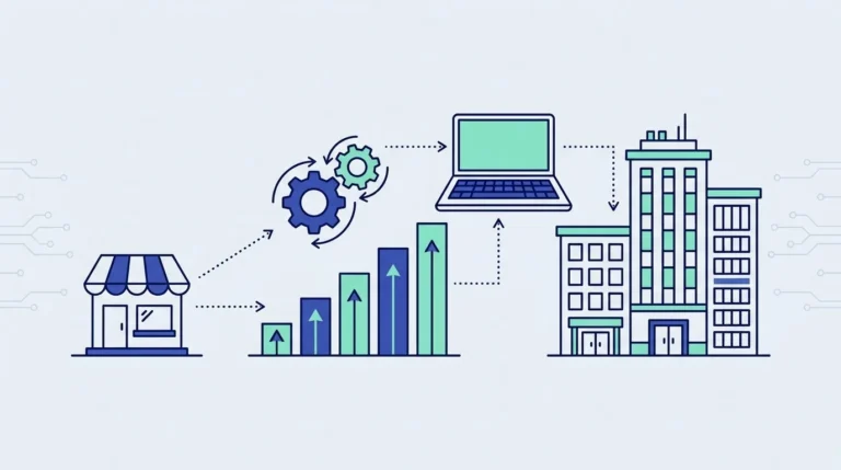 Ilustrasi datar ikon toko kecil yang tumbuh menjadi gedung kantor terhubung, dengan grafik tangga naik, roda gigi dan laptop.