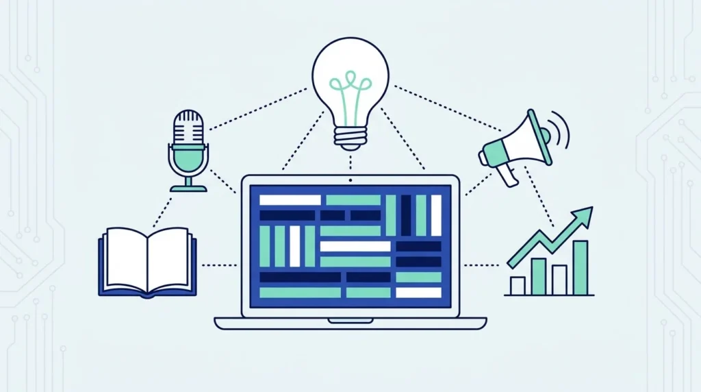 Ilustrasi datar laptop dengan halaman artikel, bola lampu besar, mikrofon, buku terbuka, megafon dan grafik naik.