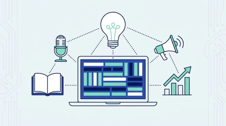 Ilustrasi datar laptop dengan halaman artikel, bola lampu besar, mikrofon, buku terbuka, megafon dan grafik naik.