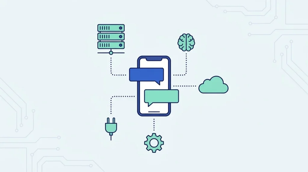 Ilustrasi datar ponsel dengan percakapan chat yang terhubung ke server dan ikon otak, awan, roda gigi dan colokan API.