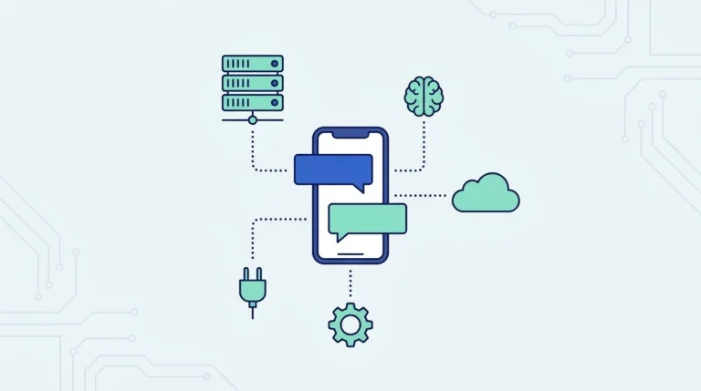 Ilustrasi datar ponsel dengan percakapan chat yang terhubung ke server dan ikon otak, awan, roda gigi dan colokan API.
