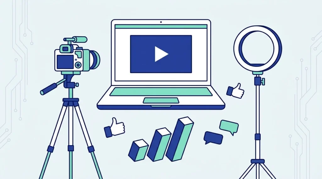 Ilustrasi datar laptop dengan pemutar video, kamera di atas tripod, ring light, grafik batang naik serta ikon jempol dan komentar.